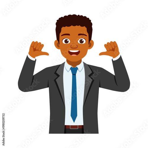 African American businessman in suit pointing thumbs at himself with a proud happy smiling expression