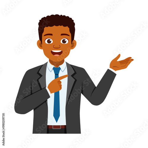 African American businessman smiling cheerfully presenting and pointing with hands in a happy mood