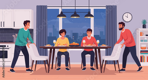 Men Setting Dining Table.