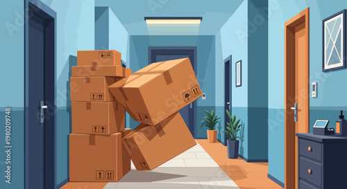 Moving boxes in hallway.