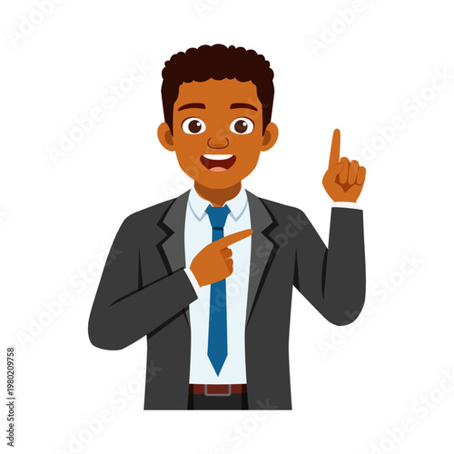 African American man smiling happily pointing sideways and upwards in a professional business suit illustration