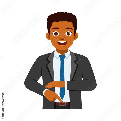 African American businessman smiling cheerfully and pointing down with his index finger in a happy mood