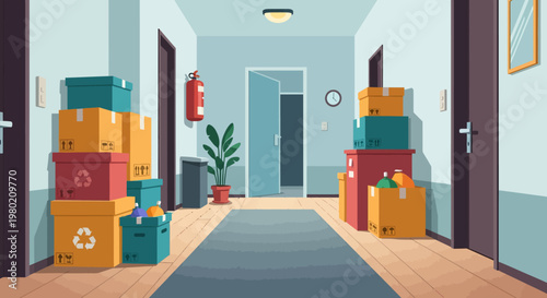 Moving boxes in hallway.