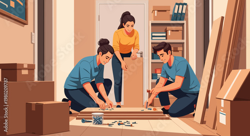 People assembling furniture together.