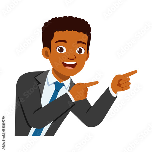 Happy smiling African American man in suit pointing with both hands to the right with a confident expression