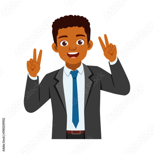 An African American businessman smiling widely and showing a peace sign with both hands happy confident professional illustration