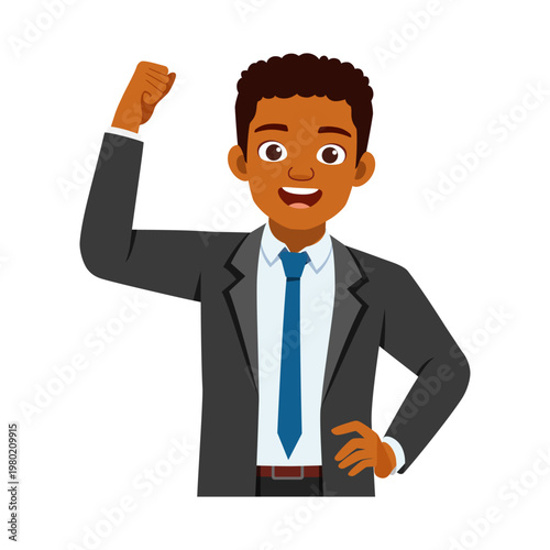 Black businessman celebrating success with a triumphant fist gesture and a confident smile