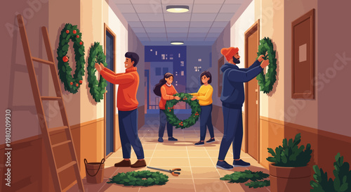 People Hanging Christmas Wreaths.