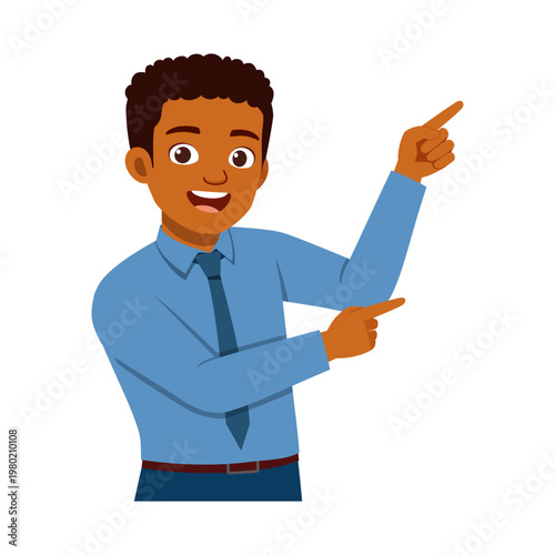 Happy African American man in blue shirt and tie pointing upwards cheerfully with both hands