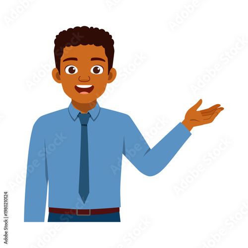 Smiling African American man presenting with an open hand gesture wearing a blue shirt and tie a friendly confident expression