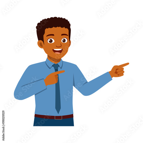 Happy African American man in blue shirt and tie smiling widely pointing both index fingers presenting