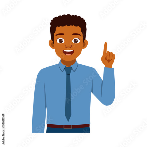 African American man smiling happily and pointing up with an idea expression wearing a blue shirt and tie