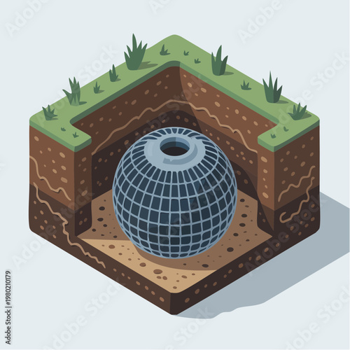 Isometric illustration of a spherical cage buried underground