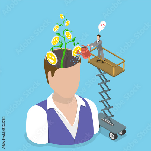 3D Isometric Flat Vector Illustration of Happy Brain, Person Joyfully Watering Seedling With Brain To Grow Smiling Face Plant.