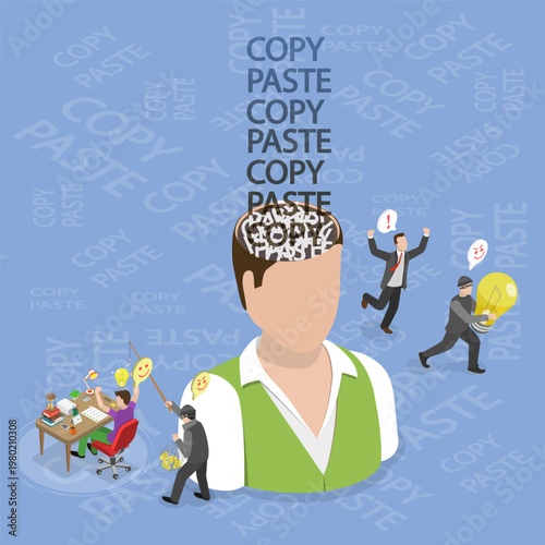 3D Isometric Flat Vector Illustration of Plagiarism, Person Brain Loading With Copy Paste