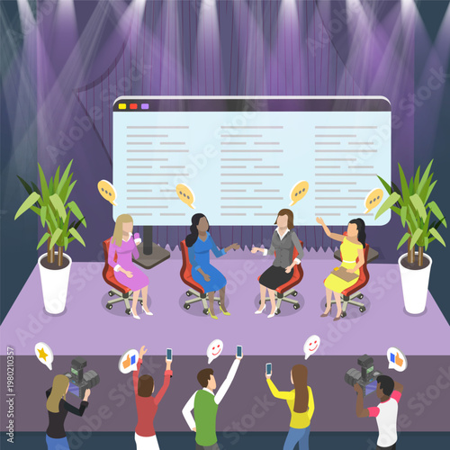 3D Isometric Flat Vector Illustration of Debates, Speakers Presenting At Science Forum On Auditorium Stage In Front Of Live Audience