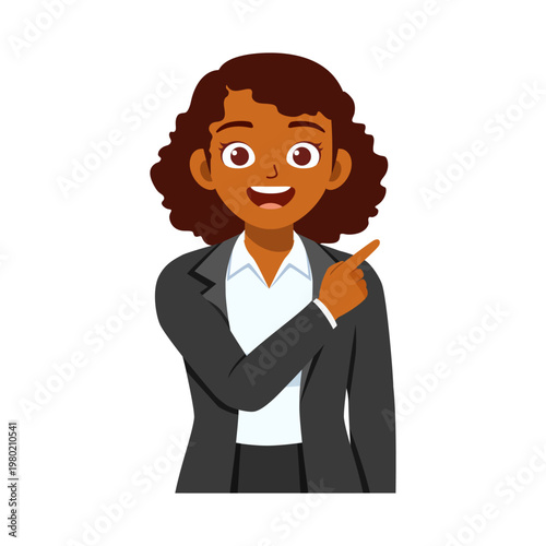 Happy African American businesswoman smiling widely and confidently pointing finger to the right side