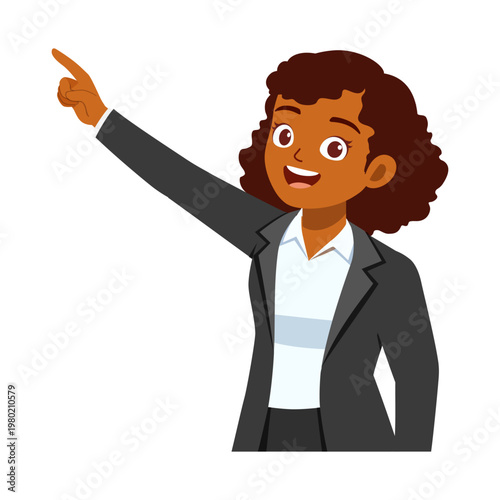 Smiling African American businesswoman pointing her arm upwards with a confident cheerful expression