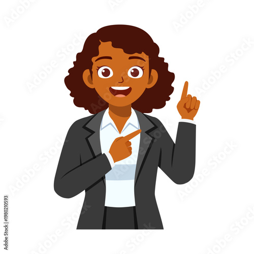 African American businesswoman smiling happily pointing up and forward with both hands cheerful expression