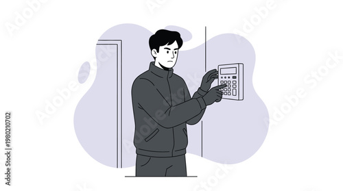 Man Wearing Gloves and Jacket Trying to Unlock Digital Door Security System Keypad Illustration