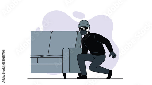 Burglar Wearing Black Mask and Clothes Sneaking Behind a Sofa Inside a House Illustration