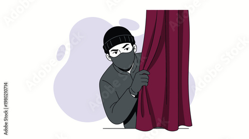 Minimalist Illustration of a Masked Burglar Peeking Behind a Red Curtain Planning a Home Robbery or Burglary