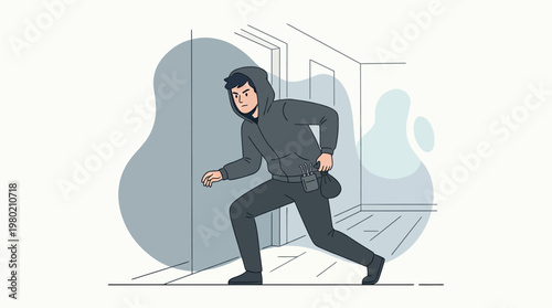 Male Burglar in Dark Hoodie Sneaking into House for Robbery Minimalist Vector Illustration