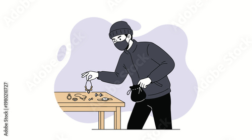 Burglar in Mask Stealing Jewelry and Valuable Accessories from Table Flat Illustration of Criminal Activity