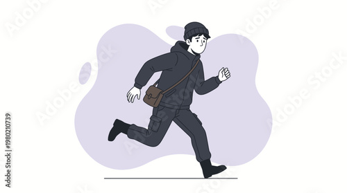 Anxious Young Man Running Away in Panic Wearing Beanie and Messenger Bag Flat Vector Illustration