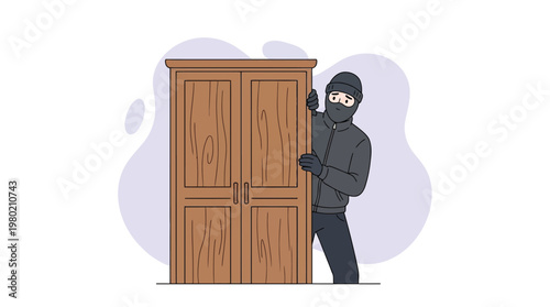 Thief in Mask Hiding Behind Wooden Wardrobe Closet Flat Illustration for Crime Concept