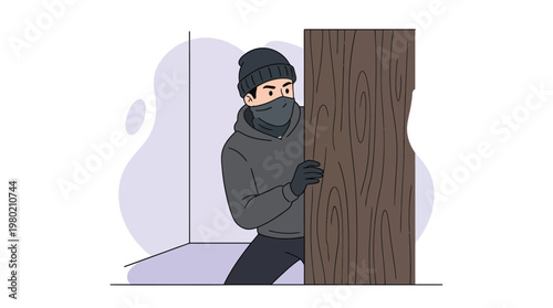 Masked Burglar or Intruder Hiding Behind a Wooden Door Sneaking Into a Private House for Theft Illustration