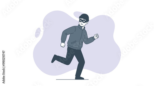 Suspicious Masked Burglar Running Away and Looking Back in Flat Line Art Vector Style