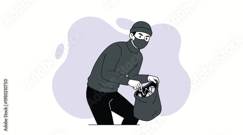 Minimalist Vector Illustration of a Masked Thief Putting Stolen Valuables into a Sack for Crime Concept