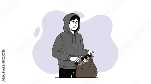 Hooded Thief Vector Illustration Stealing Money and Valuables into a Sack
