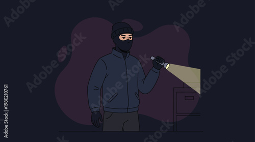 Masked Burglar in Dark Clothes Holding Flashlight Breaking Into House Nighttime Robbery Illustration