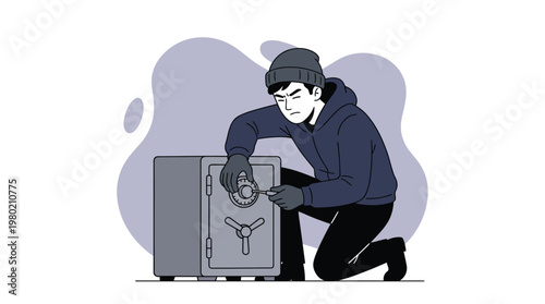 Professional Burglar Cracking a Heavy Metal Safe Box with Tools Illustration