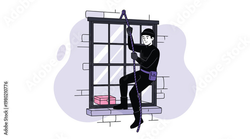 Professional Burglar Climbing Down a Building Window with Stolen Loot Vector Illustration