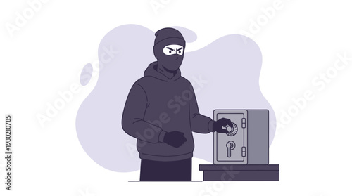 Professional Burglar in Mask Cracking a Metal Safe Combination Lock Vector Illustration