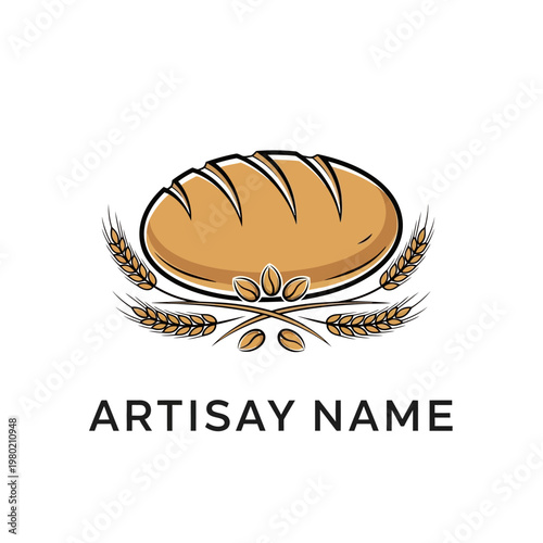 Artisanal Bread Loaf with Wheat Stalks and Grains Logo Design.
