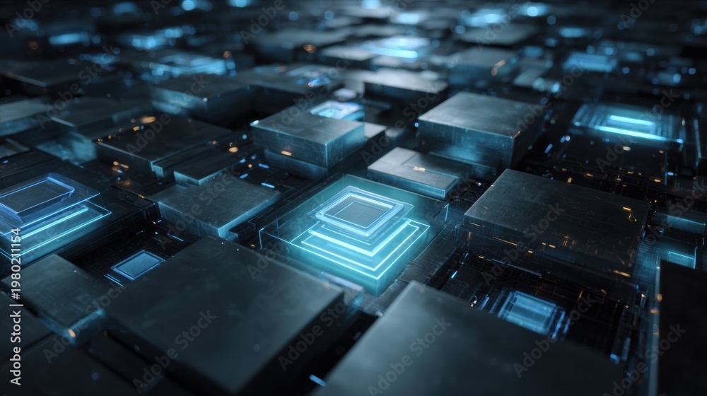 Fototapeta premium Quantum Computing Visualization With Glowing Qubit Array in Deep Blue and Teal Colors on a Dark Background Showing Futuristic Tech