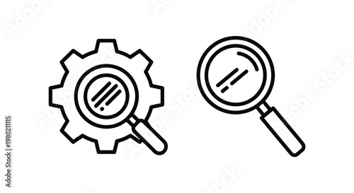 A minimalist black and white illustration depicting a gear with a magnifying glass and a separate magnifying glass