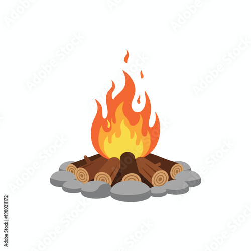 Cozy campfire with glowing flames and logs on a natural stone circle