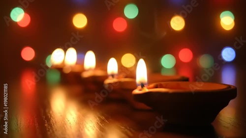 Row of lit diyas with colorful bokeh lights in the background.