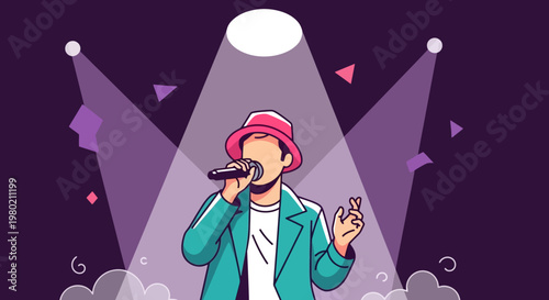 Dynamic illustration capturing a solo artist delivering an energetic vocal performance under bright stage lights, embodying the essence of live music and entertainment