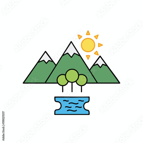 Scenic Mountain Landscape with Sun Trees and Water Body