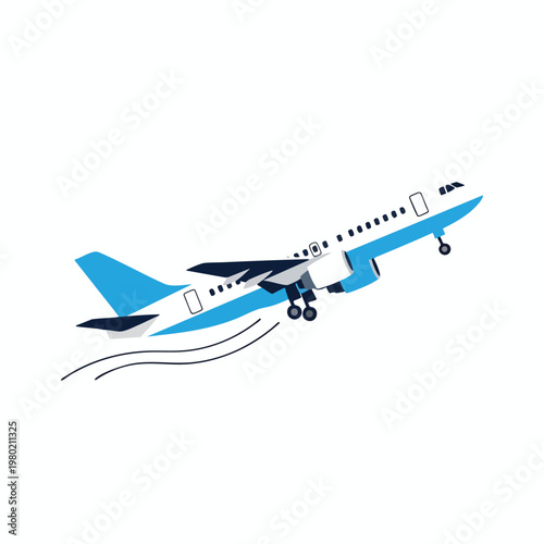 Modern Commercial Airplane in Flight with Blue and White Color Scheme