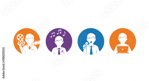 A series of flat circular icons depict professionals in media and technology roles