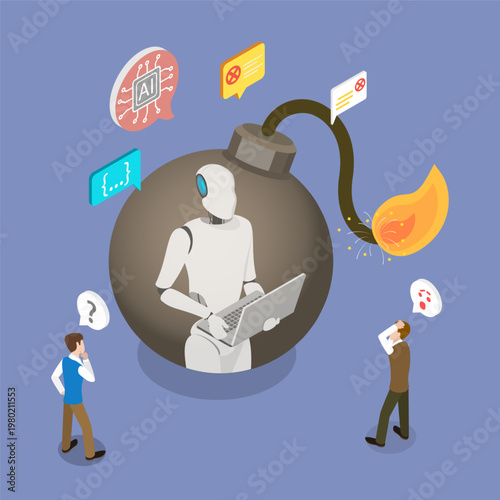 3D Isometric Flat Vector Illustration of AI Risks And Threats, Ethical Challenges And Potential Hazards Of Artificial Intelligence