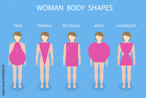 3D Isometric Flat Vector Illustration of Woman Body Shapes, Different Female Body Types as Triangle, Rectangle, Apple, Pear, And Hourglass.