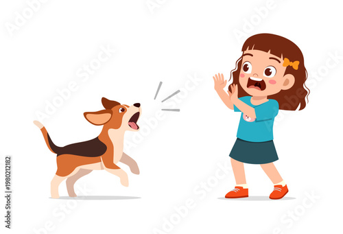 Little girl scared by barking dog raising hands looking surprised and fearful on white background